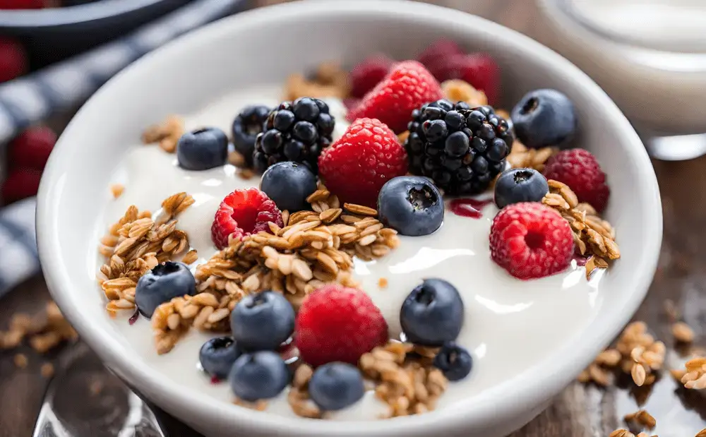 Greek yogurt with berries, granola, and a drizzle of honey