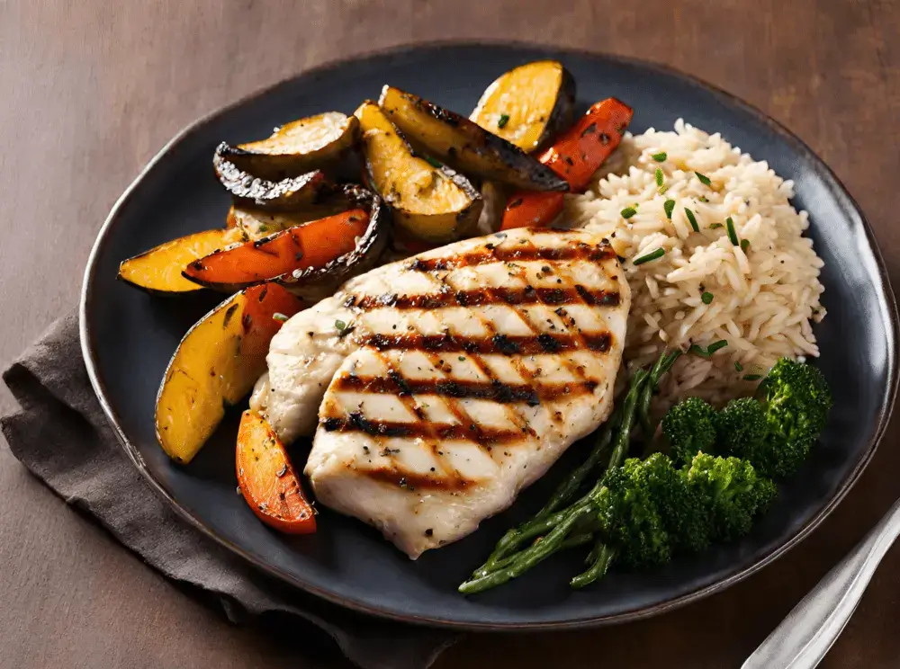 Healthy Post Workout Meals Grilled chicken breast with brown rice and roasted vegetables