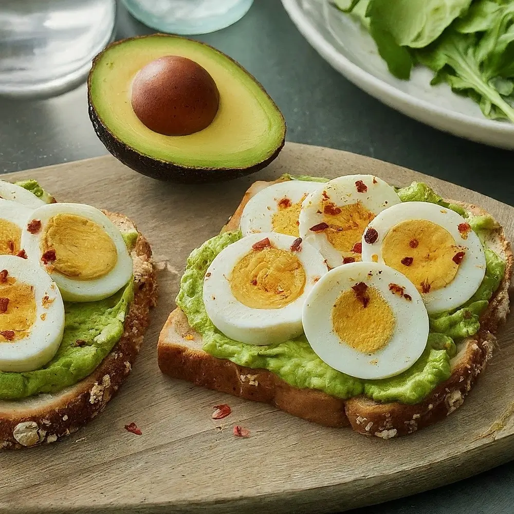 Whole wheat toast with avocado and a hardboiled egg